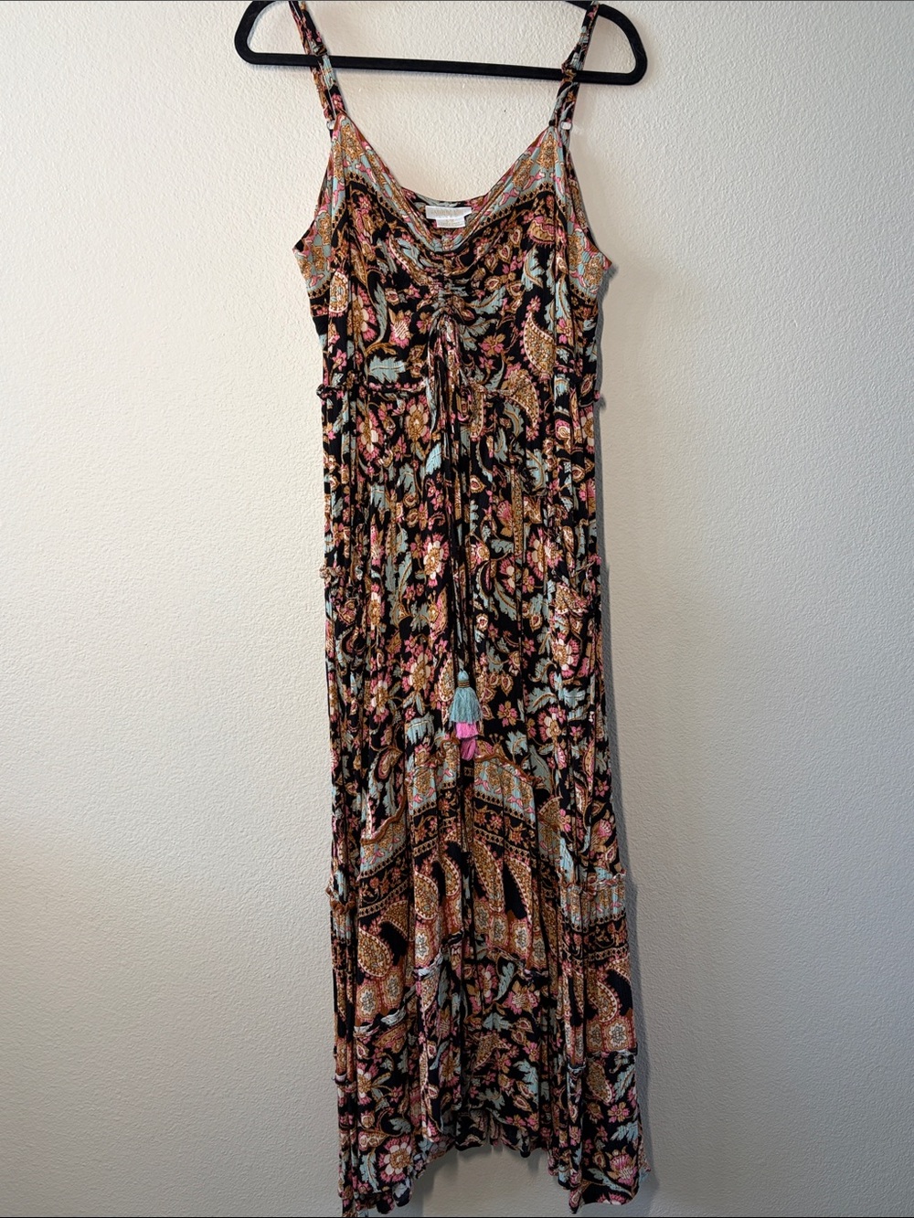 Black Floral Paisley Maxi hi-low Dress with Pink & Mint Accents